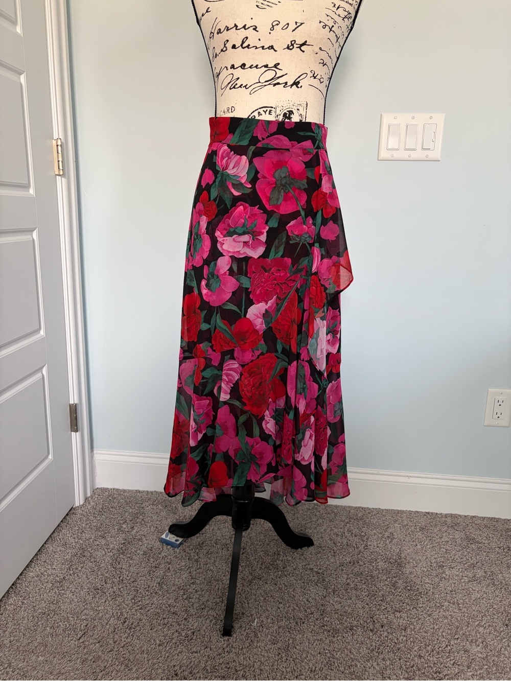 The Kooples Black Draped Midi Skirt with Pink & Red Floral Print